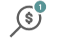 Gray magnifying glass with a dollar sign inside, accompanied by a teal notification icon with the number one.