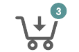 Gray shopping cart icon with an arrow pointing inside and a teal circle displaying the number three in the top right corner.