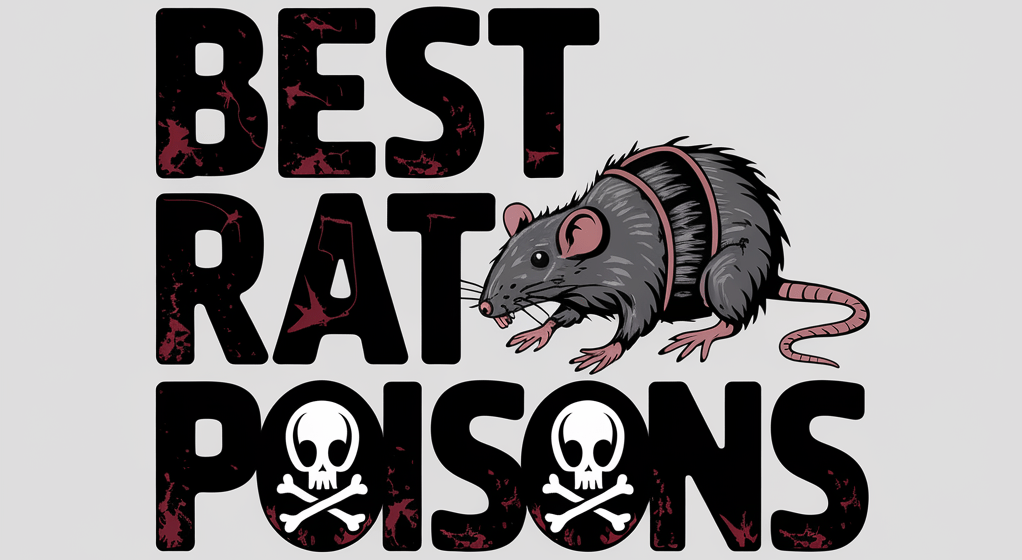 Image of a rat above text "BEST RAT POISONS" with skull and crossbones symbols replacing the letter O's in "POISONS.